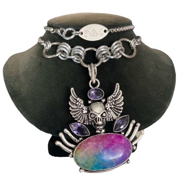 925 sterling silver overlay amethyst & rainbow solar quartz boho skull necklace - Picture 3 of 11